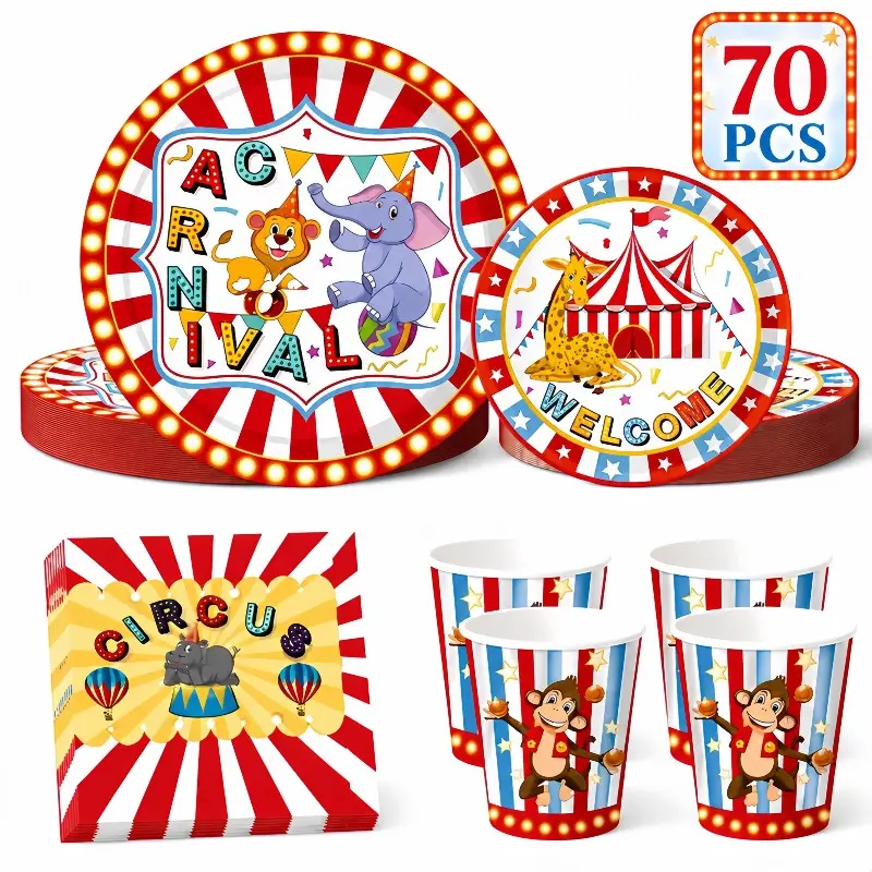 70pcs Striped Circus Theme Disposable Tableware Set, Party Supplies for Camping, Picnic, Birthday, Christmas, Halloween, Thanksgiving