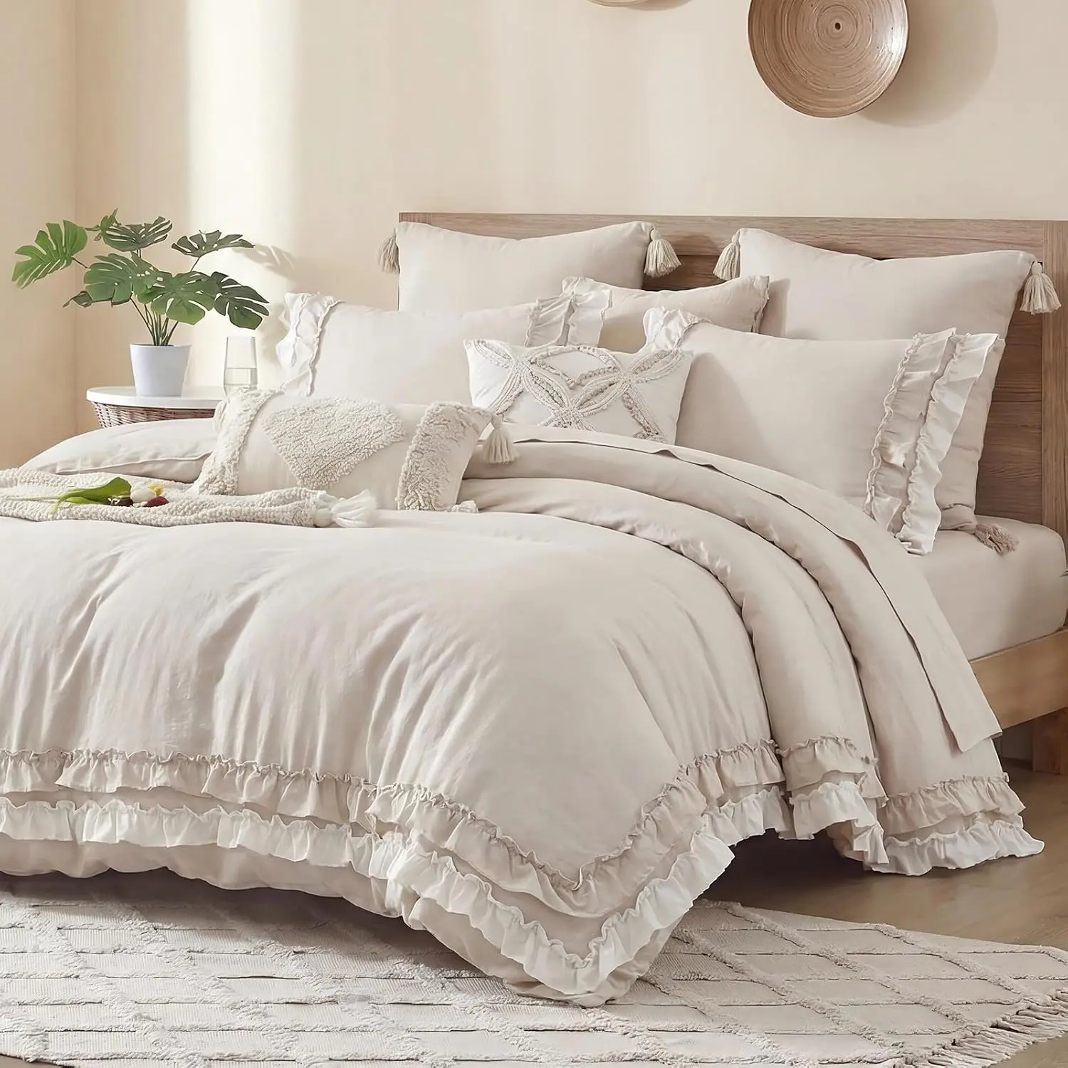 Beige Ruffled Comforter Set  Boho Bedding Set Cream White Fringe Ruffle Romantic Bedroom Decor Shabby Chic  Bedding Comforter