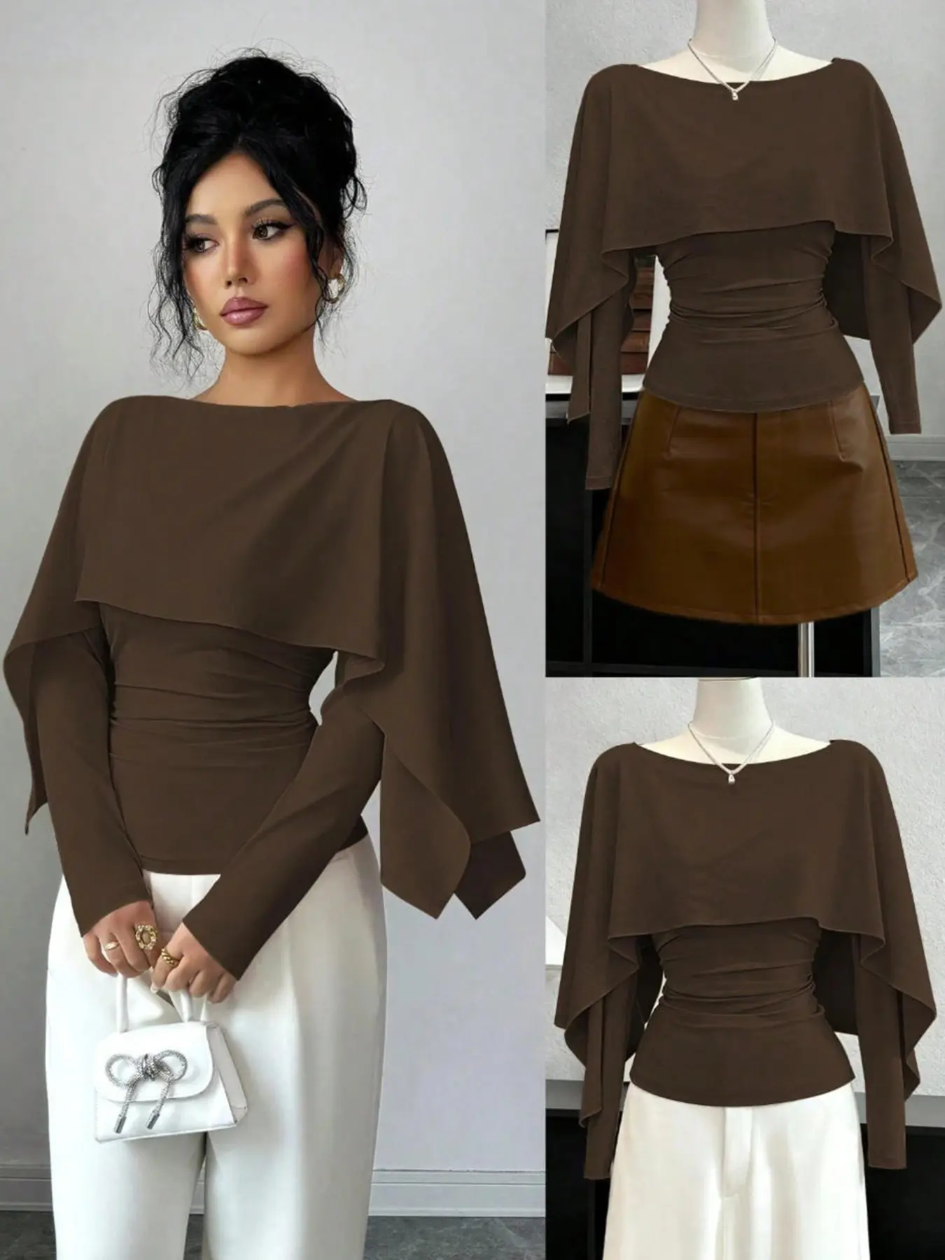New Women's Shawl Neck Long Sleeve Stretch Knit Casual Fitted T-Shirt, Elegant and Versatile, Perfect for Daily Wear