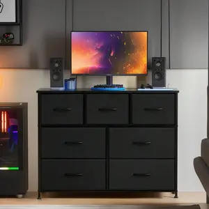 Black 7 Fabric Drawer Dresser for Bedroom, Storage Tower with Cabinet, Metal Frame & Wooden Top, Lightweight Chest Organizer for Closet Guestroom Nursery