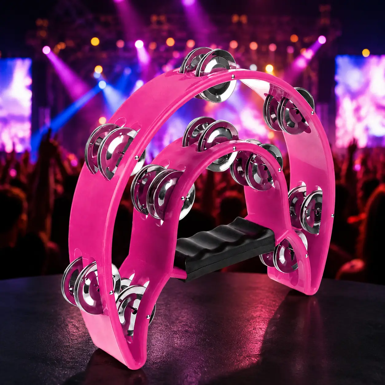 Pink Half Moon Tambourine for Beginners, Double Row Plastic Hand Percussion Instrument with 40 Jingles, Ergonomic Grip for Dance & Entertainment, Party
