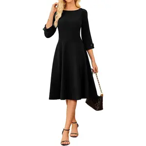 Work Dresses for Women 2026 3/4 Sleeve Fit and Flare Business Midi Dress Classy Office Dresses with Pockets