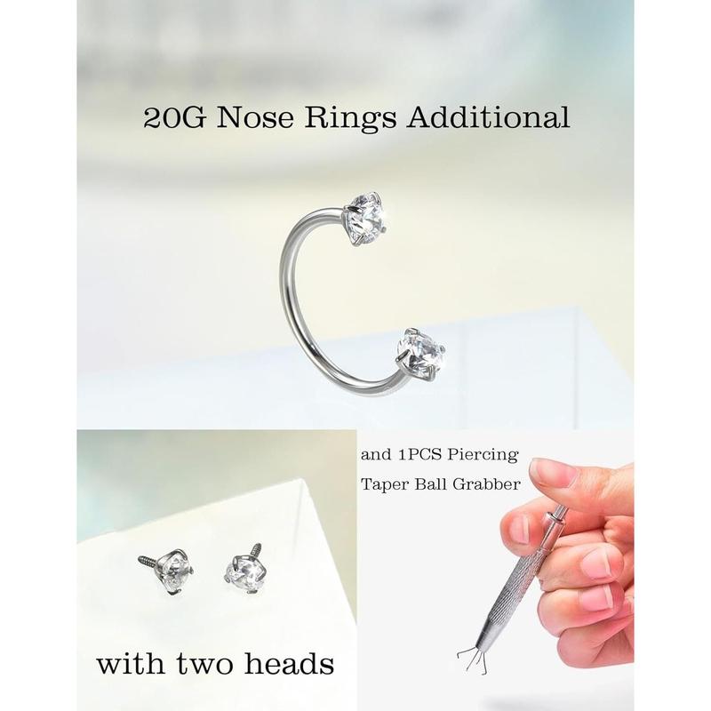 Horseshoe Nose Rings Studs, 20G Internally Threaded Nose Rings For Women, 316L Surgical Steel Double Cubic Zirconia Nose Studs, Lip Eyebrow Helix Ear Piercing Jewelry