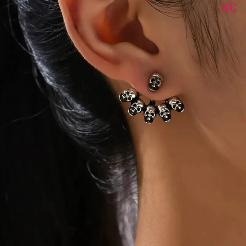 Gothic Dark Style Skull Stud Earrings For Women, Unique Creative Statement Ear Jewelry For Alternative Daily Outfits