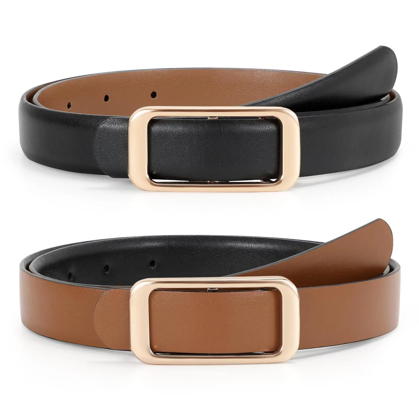 Women Reversible Leather Belt Two-in-One Ladies Fashion Skinny Waist Belt for Pants Jeans  Dresses