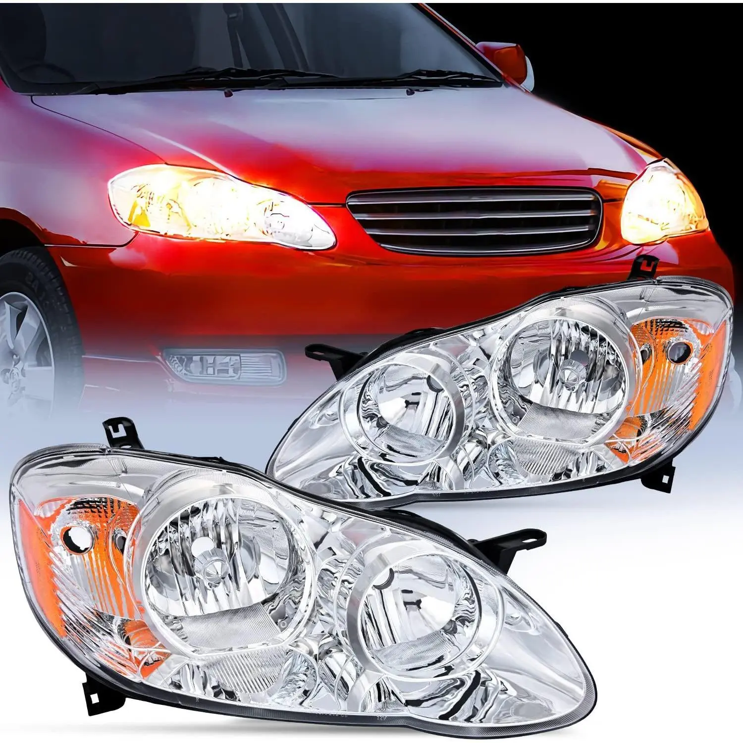 Nilight Headlight Assembly for 2003 2004 2005 2006 2007 2008 Toyota Corolla Headlamps Replacement Chrome Housing Amber Reflector Driver and Passenger Side, Headlight Kit, Car Headlights Automotive  Summervibes