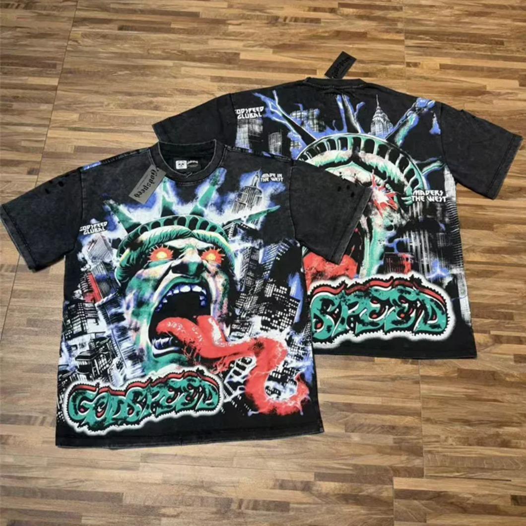 Real Photo Original Label Ripped Hot Drill Godspeed Short Sleeves T Shirt American Cotton Vintage Washed Rhinestone Bling Oversized Loose Unisex Round Neck Streetwear Hip Hop Y2K Casual Tops Tees With Tags For Men Women