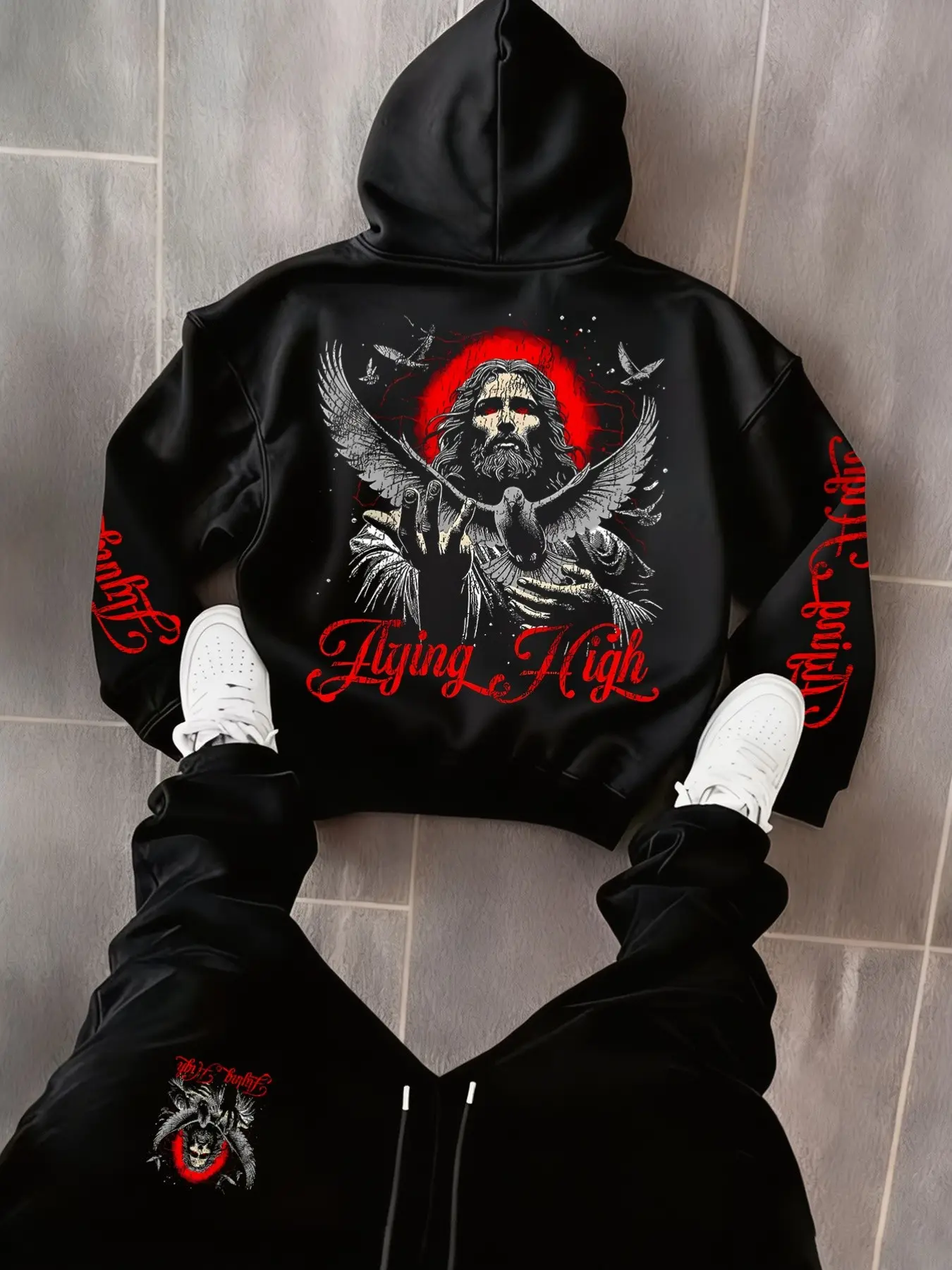 Flying High Gothic Style Graphic Hoodie and Sweatpants Set Unisex Oversized Dark Streetwear Tracksuit Vintage Angel Wings Jesus Print Edgy Y2K Joggers Set for Men Women Fall Casual Daily Wear OOTD