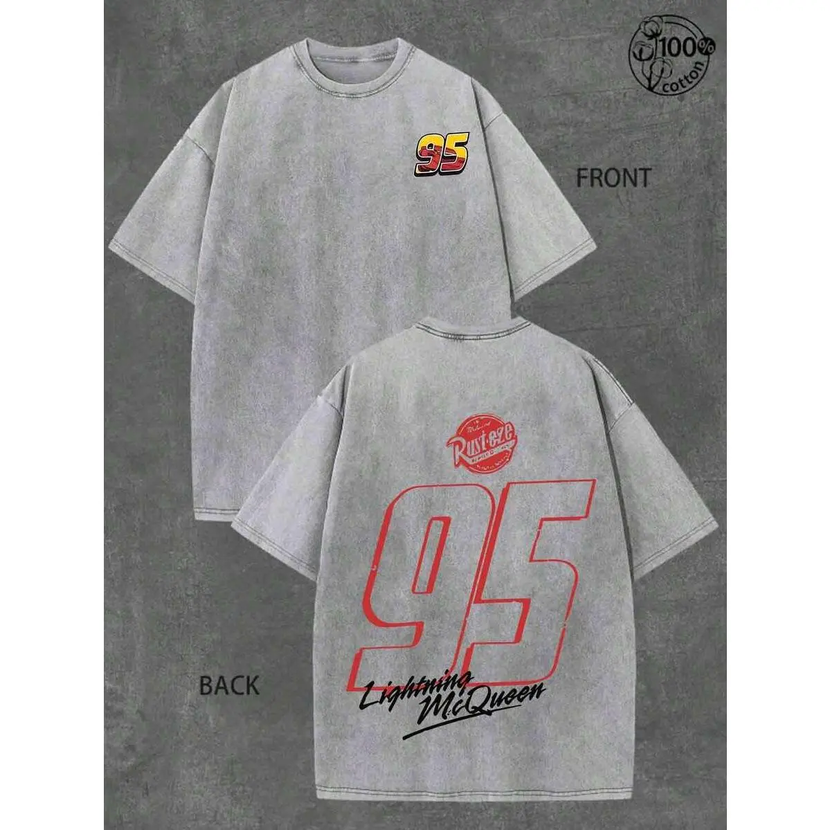 Retro Washed Gray Oversized T-Shirt, "95" Racing Number & Red Logo Graphic Print, Casual Crew Neck Streetwear for Men & Women, Ideal Daily Outdoor & Race Inspired Wear