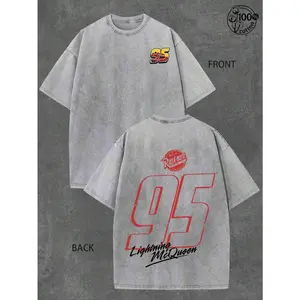 Retro Washed Gray Oversized T-Shirt, "95" Racing Number & Red Logo Graphic Print, Casual Crew Neck Streetwear for Men & Women, Ideal Daily Outdoor & Race Inspired Wear