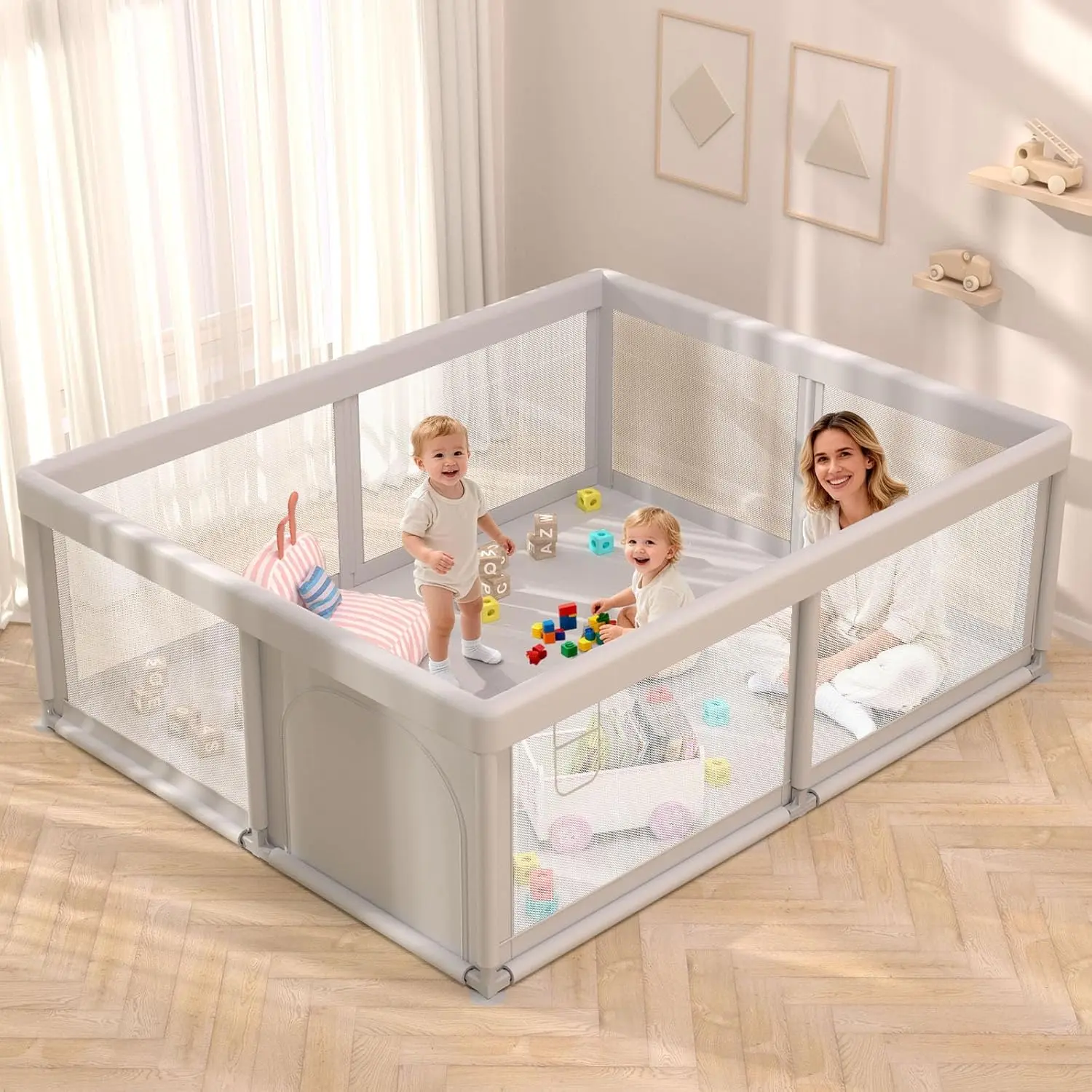 Baby Playpen Play Pens  Babies and Toddlers Play Yards  Indoor & Outdoor with Breathable Mesh Anti-Fall Playpen Grey playmat