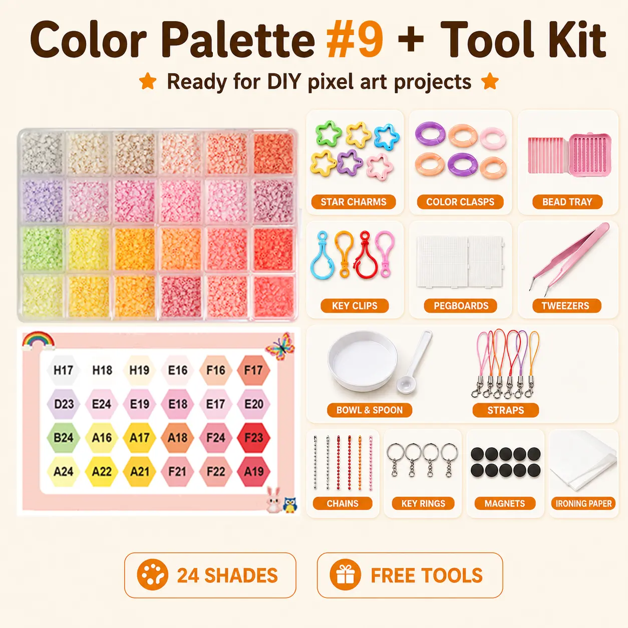 PomCraft Palette #9 Candy Colors 2.6mm Mini Fuse Beads Set for Bead Crafting, DIY Kit with Tools, Straps, Magnets, Key Ring Supplies, Gifts for Teens, Adults