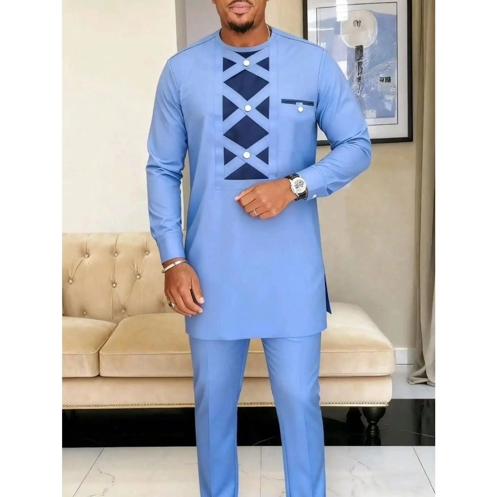 African Clothes for Men Dashiki African Men Spring Summer Long Sleeve O-neck Polyester Top Long Pant Matching Sets Outfits