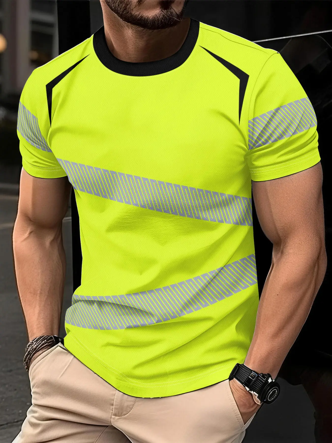 Men's Fluorescent High Workwear T-Shirt, Breathable Mesh Quick-Dry Round Neck, Geometric Trim Short Sleeve, for Construction Workers