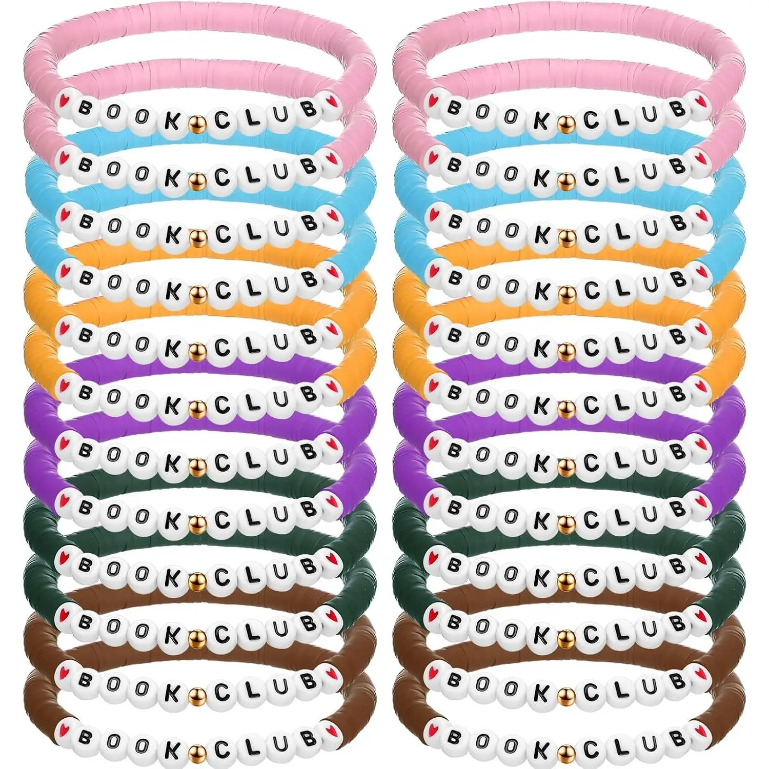 24 Pack Book Club Gifts for Women Polymer Clay Beaded Book Lovers Bracelet Bulk Stretch Bracelet Librarian Readers Gifts Charm  Party Favor Library Week Supplies(Multicolor)