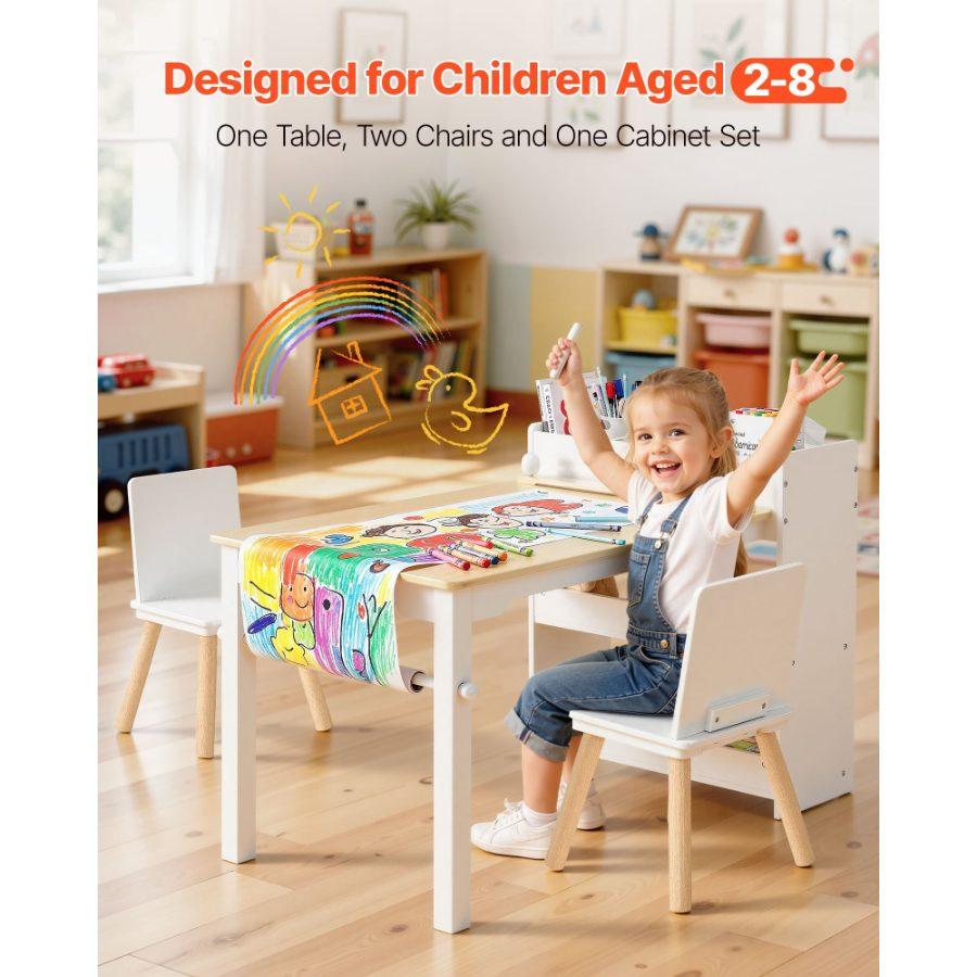 VEVOR Kids Art Table and Chair Set, Toddler Craft Table with 3 Tiers Storage Cabinet, Wooden Kids Activity Play Desk with 2 Chairs, Art Craft Play Desk for Reading, Learning, Drawing, Writing, White