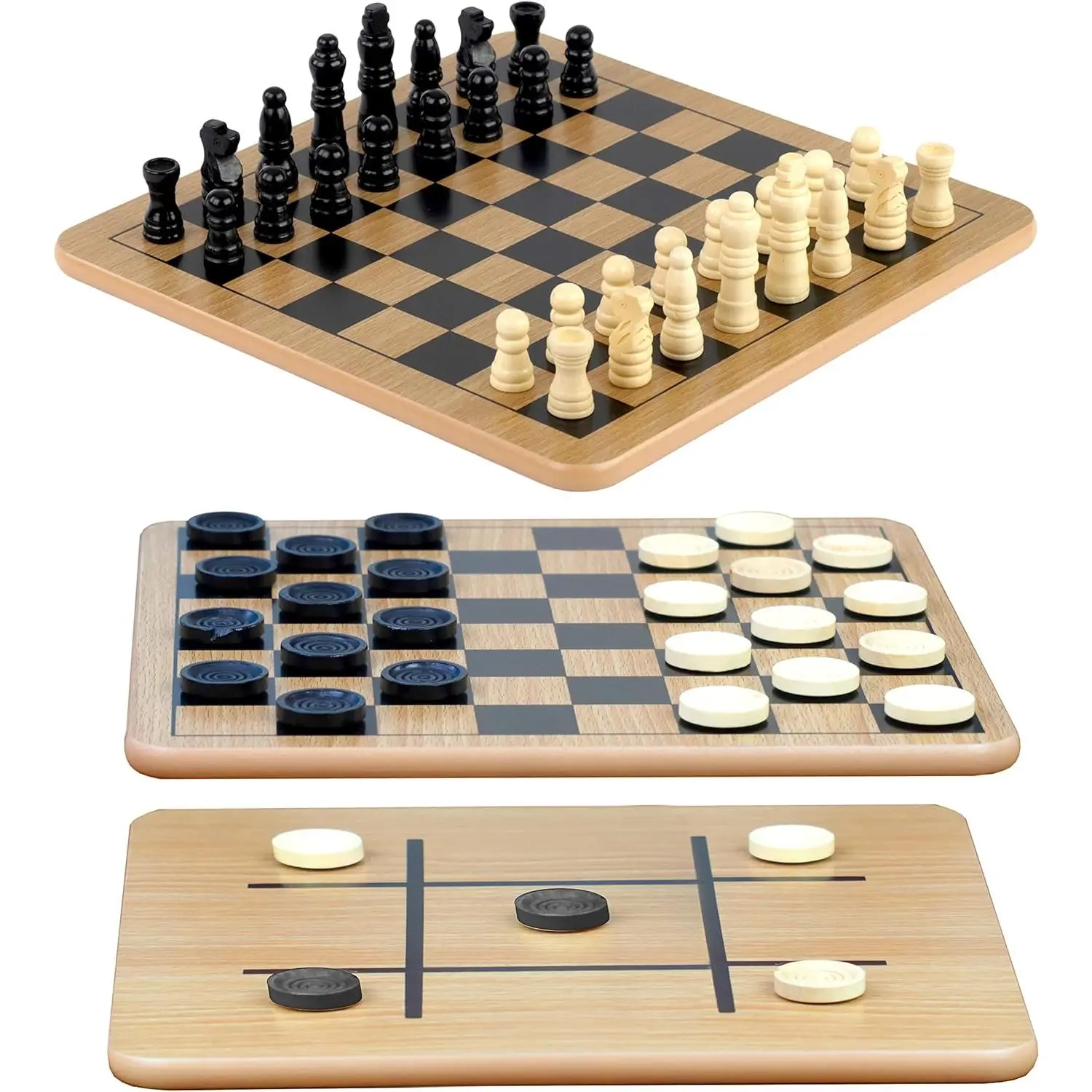 10.5 Inch x 10.5 Inch 3-in-1 Reversible Wooden Game Set - Chess, Checkers & Tic-Tac-Toe Board, 24 Interlocking Checkers, 32 Standard Chess Pieces, for Age 8+ Adults, Ideal for Family Fun & Sleepovers