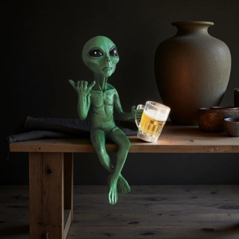 Alien Figurine Holding Beer Mug, Desktop Shelf Display Decor, Perfect for Halloween Decoration, Fun Humorous Home Office Accessory