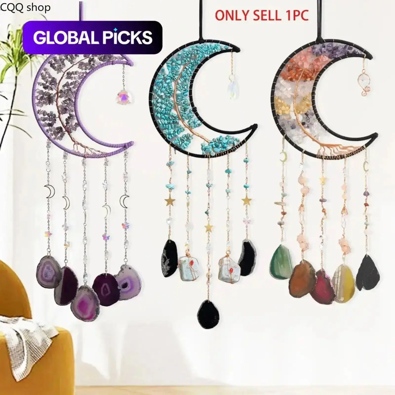 Handmade Crystal Tree of Life Dream Catcher with Moon & Large Agate Pendant, Hangable Fashion Wall Hanging Decoration, Elegant Room Decorations, Ideal Christmas Gift for Friends