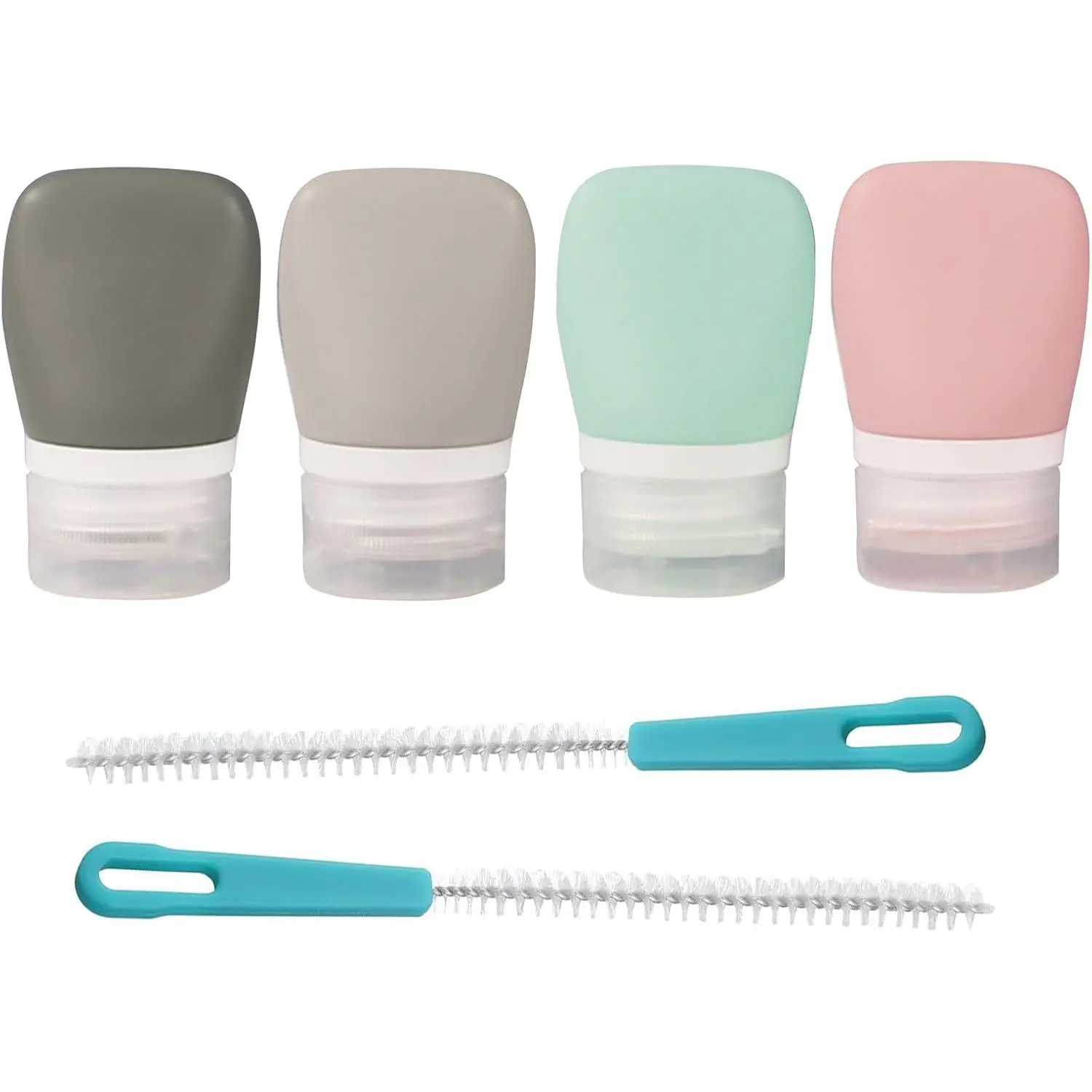 38ml Food Grade Silicone Squeeze Salad Dressing Bottles Set Pack (4-Count, 1.3oz) - Leakproof Portable To-Go Condiment Containers with Removable Cap, Includes 2-Count Cleaning Brushes for Lunch, Condiment Bottle
