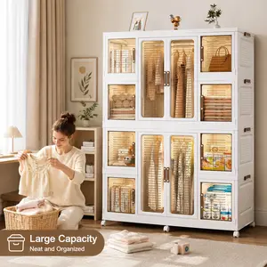Large Capacity Mobile Storage Cabinet Wardrobe with Magnetic Doors, Safe PP/ABS, Quick Assembly & Wheels - Organize Clothes, Toys for Renters, Small Spaces