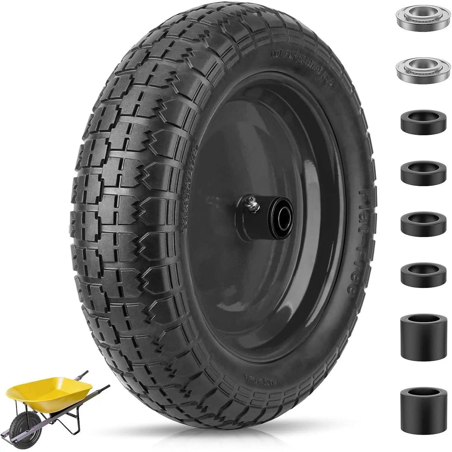 4.80/4.00-8 Tire, 14.5" Flat Free Wheelbarrow Tire and Wheel, Solid Replacement Tires with 3" Centered Hub, 5/8" 3/4" Bearings, Universal Fit 4.80/4.00-8, 3.50/3.00-8