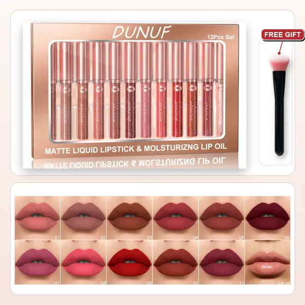DUNUF 12Pcs Matte Liquid Lipstick & Moisturizing  Oil  with Free Brush, Nude Red Pink  Color Kit essence extreme shine  high-shine  toofaced kissing juicy zodia clip lipgloss gloss balm