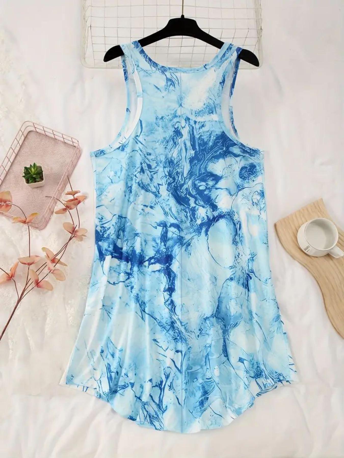 Plus Size Tie Dye Print Tank Nightdress, Casual Soft Comfortable Round Neck Sleeveless Nightgown For Women, Women's Sleepwear For All Seasons