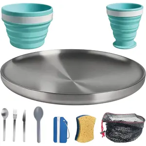 Camping Mess Kit – Compact 1-Person Tableware Set with Stainless Plate, Collapsible Silicone Bowl & Cup, and Utensils, Ideal for Solo Campers, Scouts, Family Camping & Car Trips