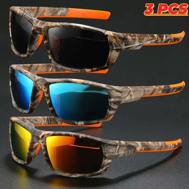 1-3pcs Polarized Fashion Sports Sunglasses for Men & Women, Woodland Camo Tactical Look Sports Shades, Lightweight Durable Adjustable Full Rim Reflective Glasses, Sun Protection Eyewear for Outdoor Travel Gym, Blue Mirror Gold/Red M, Camouflage