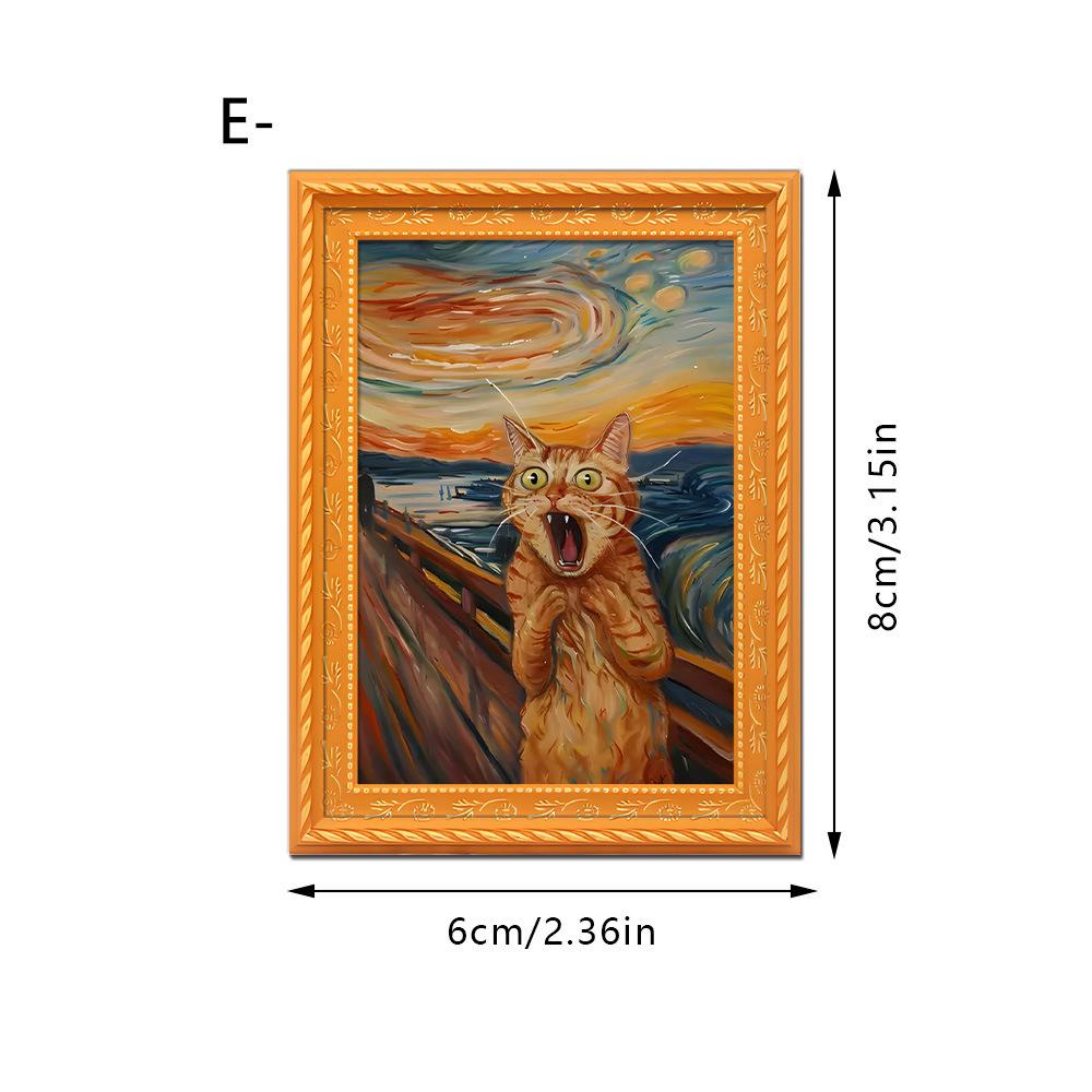 Cross-Border New Black Cat Series Oil Painting Style Screaming Kitten Photo Frame Wooden Retro Magnetic Fridge Magnet