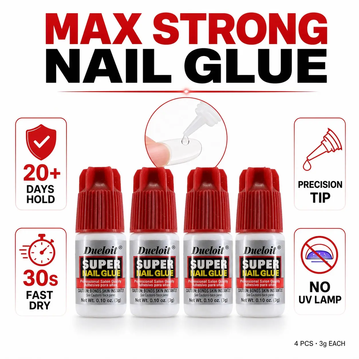 3g/4PCS Dueloit Strong Nail Glue, Salon-Grade Quick-Dry Waterproof Gel, Acid-Free No Lamp Needed, Portable for Home & Travel