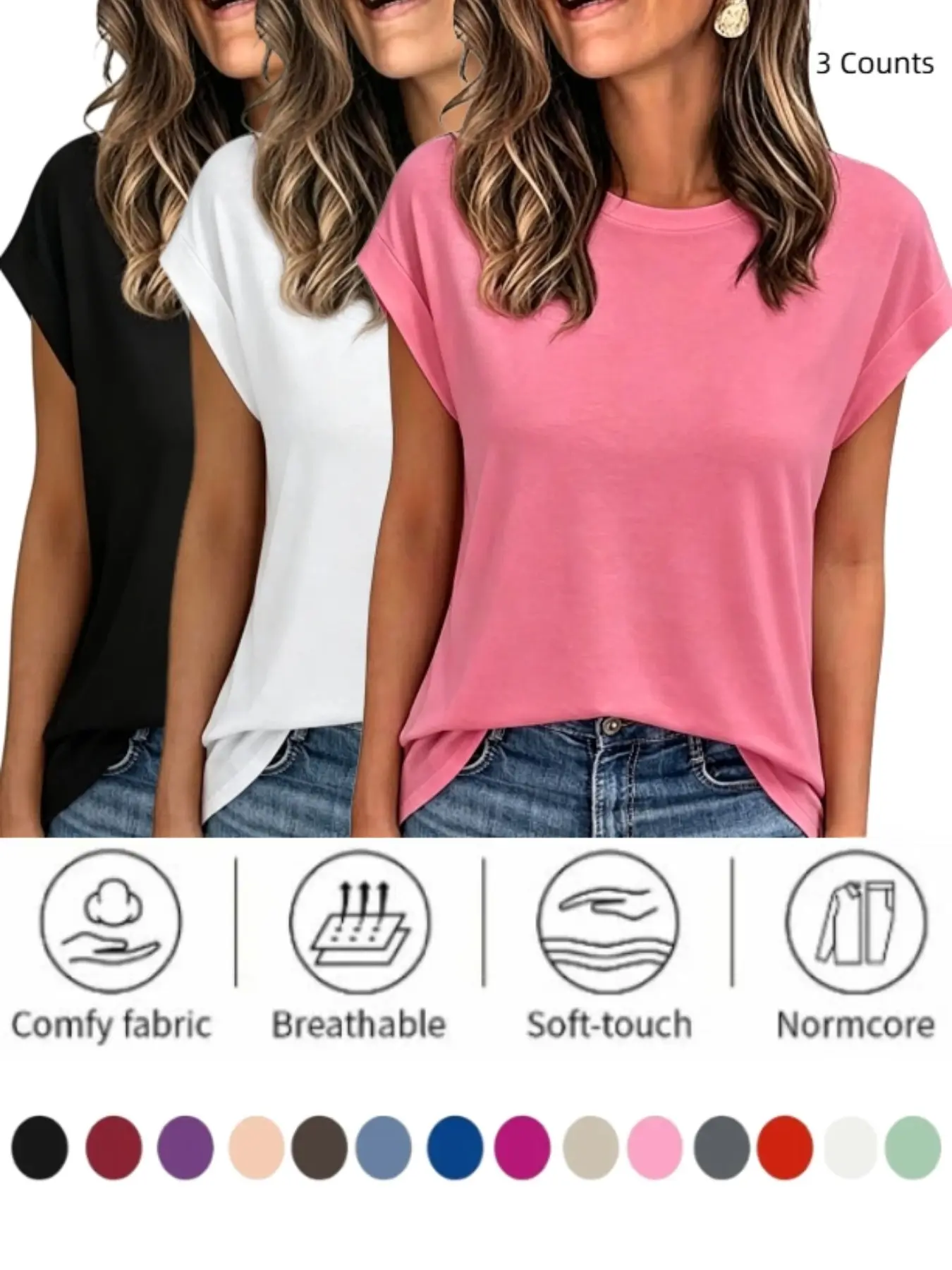 Women  1/3 Piece   Women Summer Solid Crew Neck Cap Sleeve Casual T-Shirt
