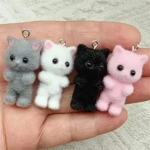 4pcs Kawaii 3D Fluffy Flocking Resin Cat Animal Charms Pendant Colorful Keychain Necklace Pendant DIY Crafts Jewelry Making