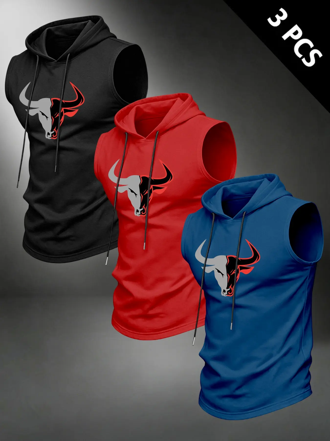 3 Pcs Men's Bull Print Sleeveless Hooded Tank Tops, Fitness Workout Gym Hoodie Vests, Casual Sports Pullover Tops for Athletes