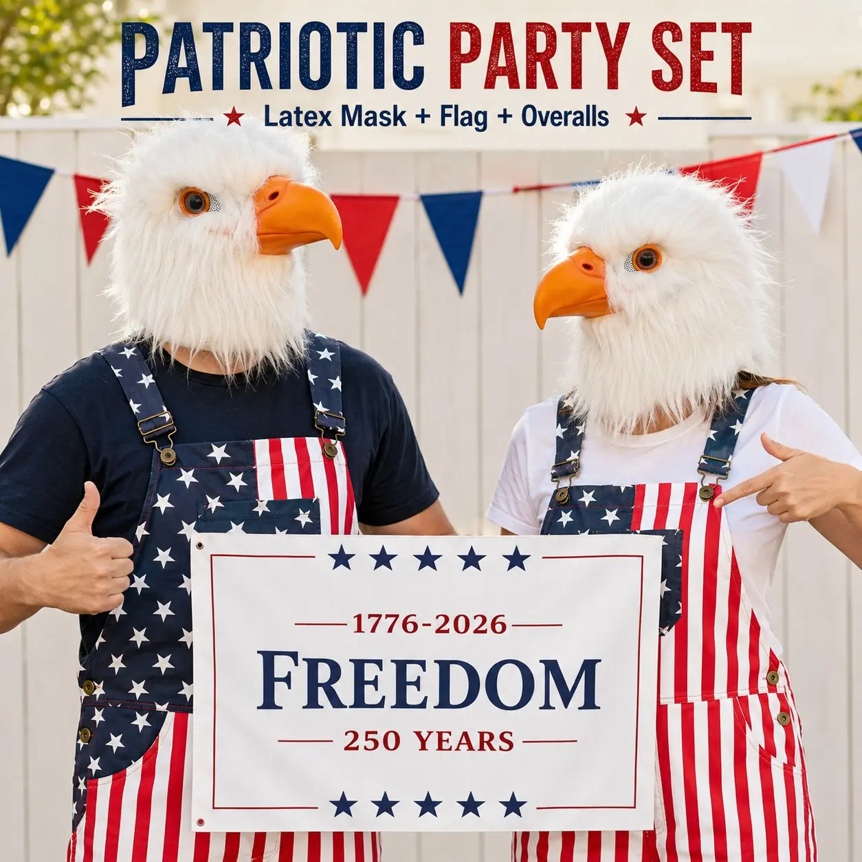 Eagle Furry Mask with American Flag Overalls, Freedom Flag Patriotic Party Festive Fluffy Cosplay Costume Set, 4th of July Independence Day