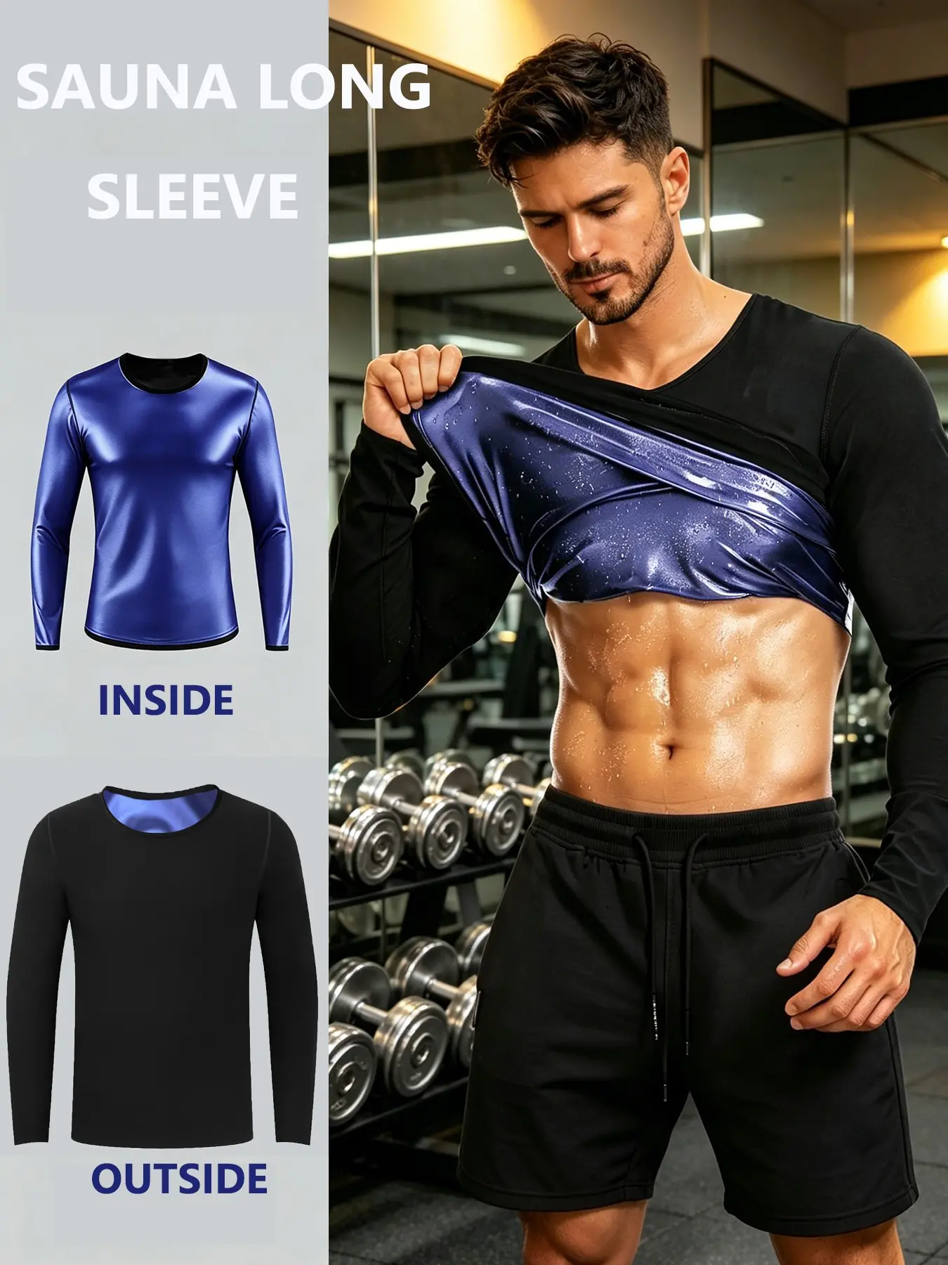 Men's Long Sleeve Crew Neck Sauna Top, Workout Shirt, Sportswear, Outdoor Top, Ideal Gift for Christmas Thanksgiving Father's Day BLUE AND BLACK
