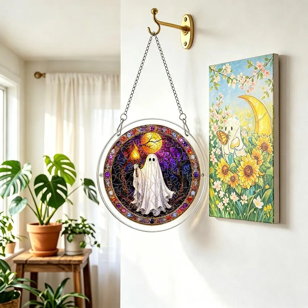 83-Piece 2D Acrylic Flat Puzzle Sun Catcher with Double Chain - Stained Glass Style Ghost Moon Night Scene Hanging Decor, Home Room Decoration Gift with Window Hanging Lights