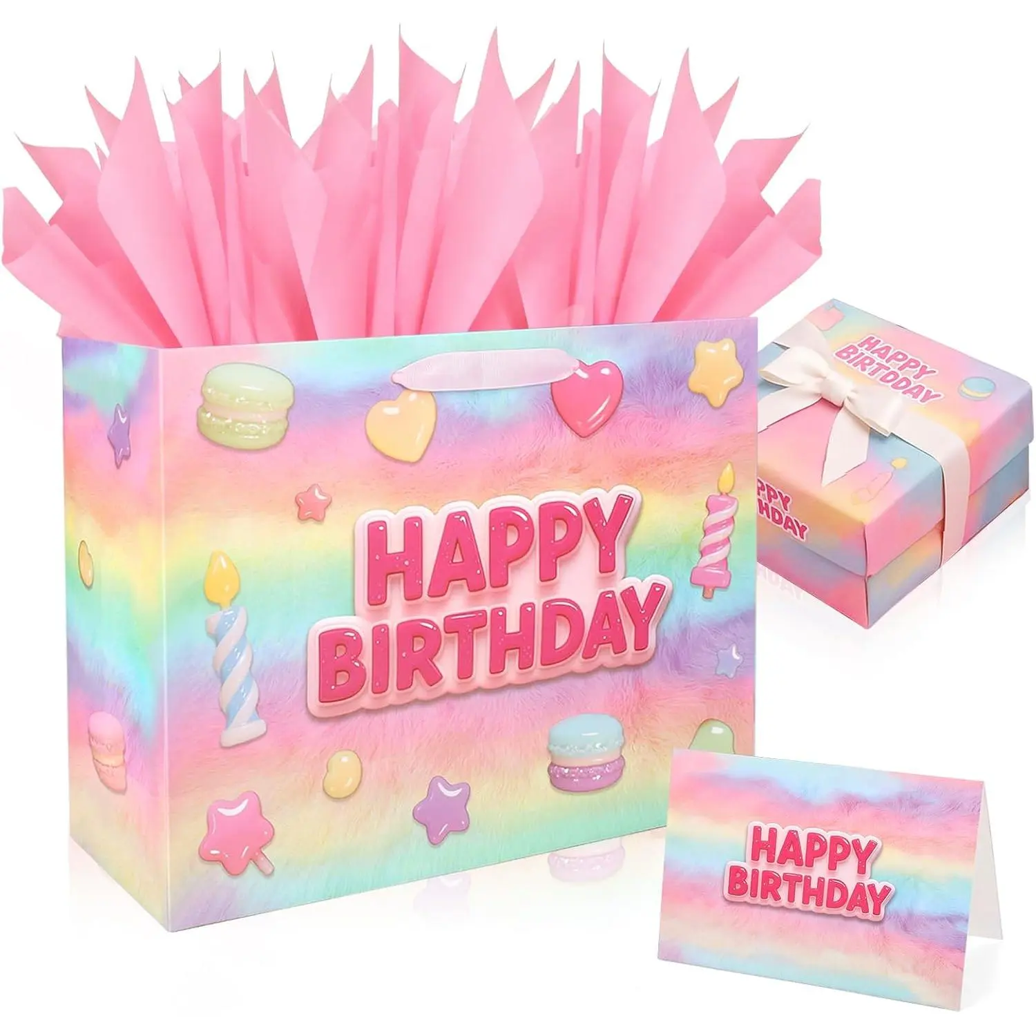 13” Happy Birthday  Bags with Tissue Paper Wrapping Paper and Card,  Wrap Bags with handles for Women,Girls and ,Medium  Happy Birthday Bag for Party
