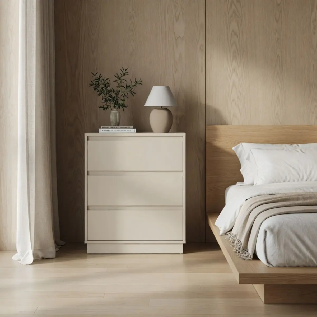2-Piece Beige Engineered Wood Nightstand Set - 23.6in Wide, 3 Drawers, Large Modern Bedroom Furniture, High Quality Bedroom Furniture, Assembly Required, On-Site Service