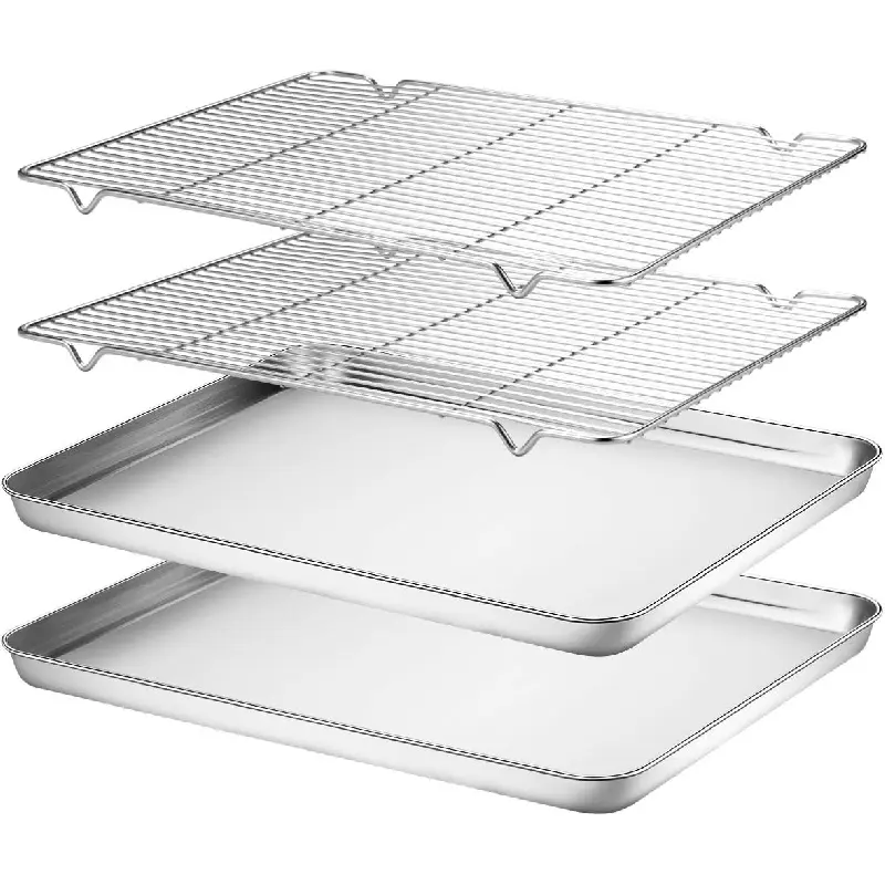 Baking Sheet & Rack Set [2 Sheets + 2 Racks], Stainless Steel Cookie Pan with Cooling Rack, Size 16 x 12 x 1 Inch, Non Toxic & Heavy Duty & Easy Clean