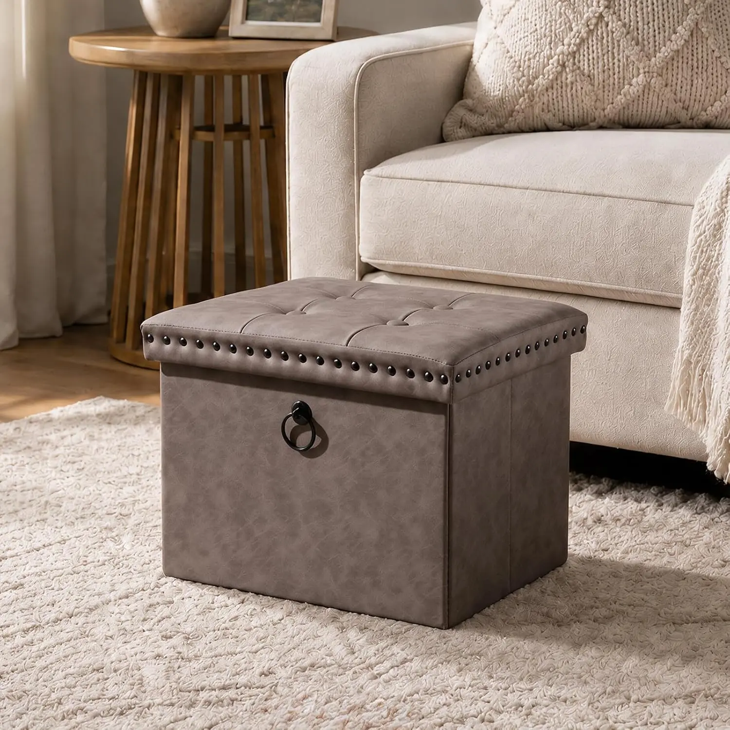 16x12x12 Inches Folding Cube Storage Ottoman, Small Leather Foot Rest Stool with Button Tufted Rivet Design, Footstool Bench, Ottoman with Storage for Living Room, Coffee Table, Oak Brown