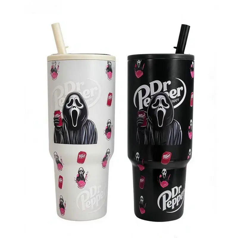 1PC 40oz Black Retro Soda Screaming Horror Mask Pattern Insulated Tumbler with Handle & Leak-Proof Lid, Double Wall Vacuum Travel Mug, Hot 12H Cold 24H, Large Capacity Cup for Men Women, Halloween Birthday Gift