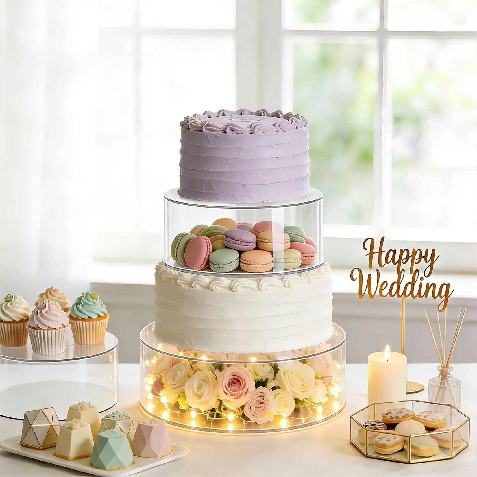 GAOMON 3-Piece Multi-Size Round Riser Cake Stand with LED Lights, Fillable 6/8/10 in Display Risers with Labels, Ideal for Wedding, Party Dessert Table Display