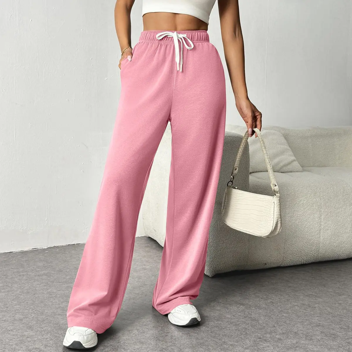 Women's Soft Rayon-Spandex Wide Leg Pants - Elastic High Waist Drawstring Athleisure Pants for Workout, Loungewear (All Season, Casual Athletic, Comfy Style, Cozy), All Season Pants