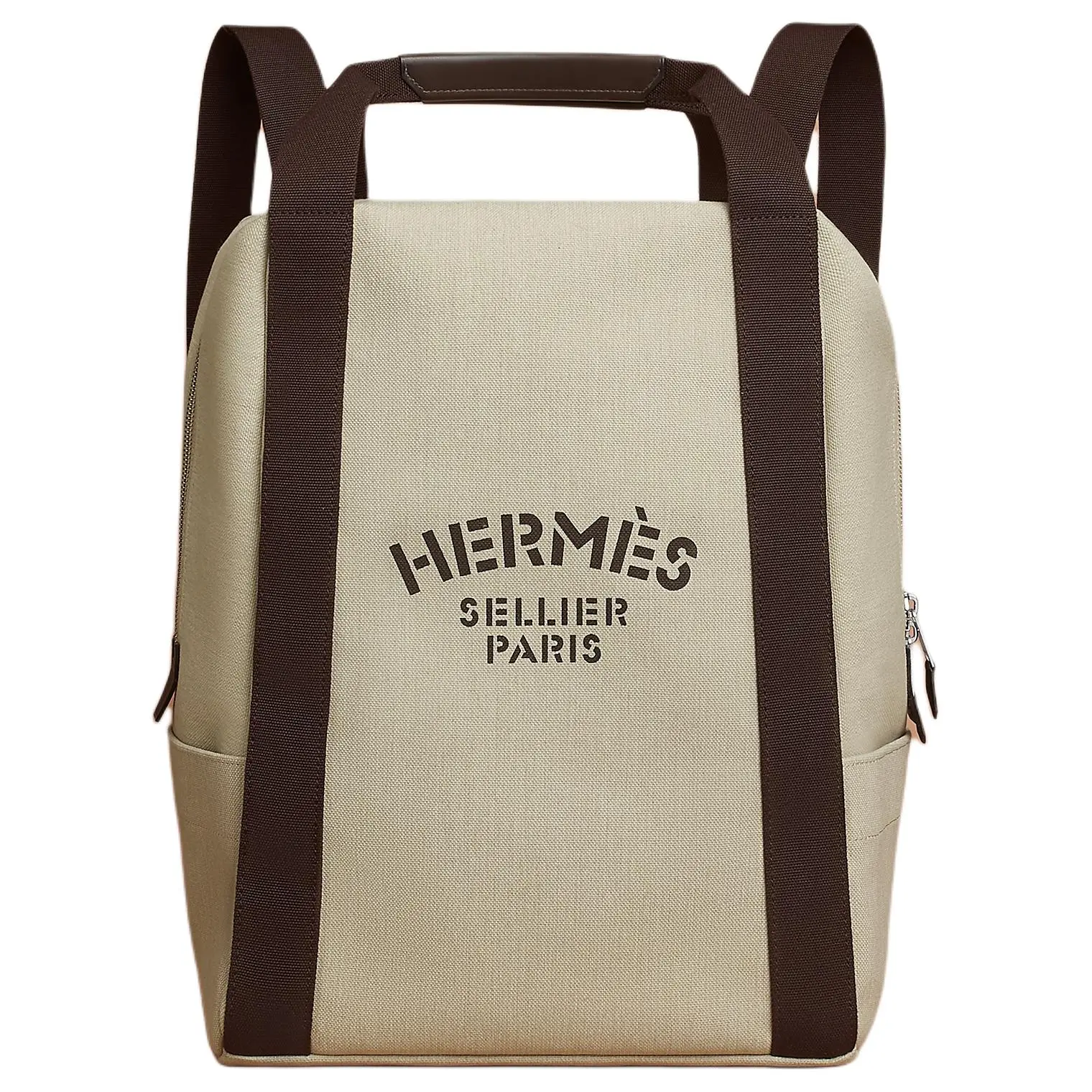 Hermes Groom Nylon Backpack for Men, Saddle-Button Style, Sand Beige