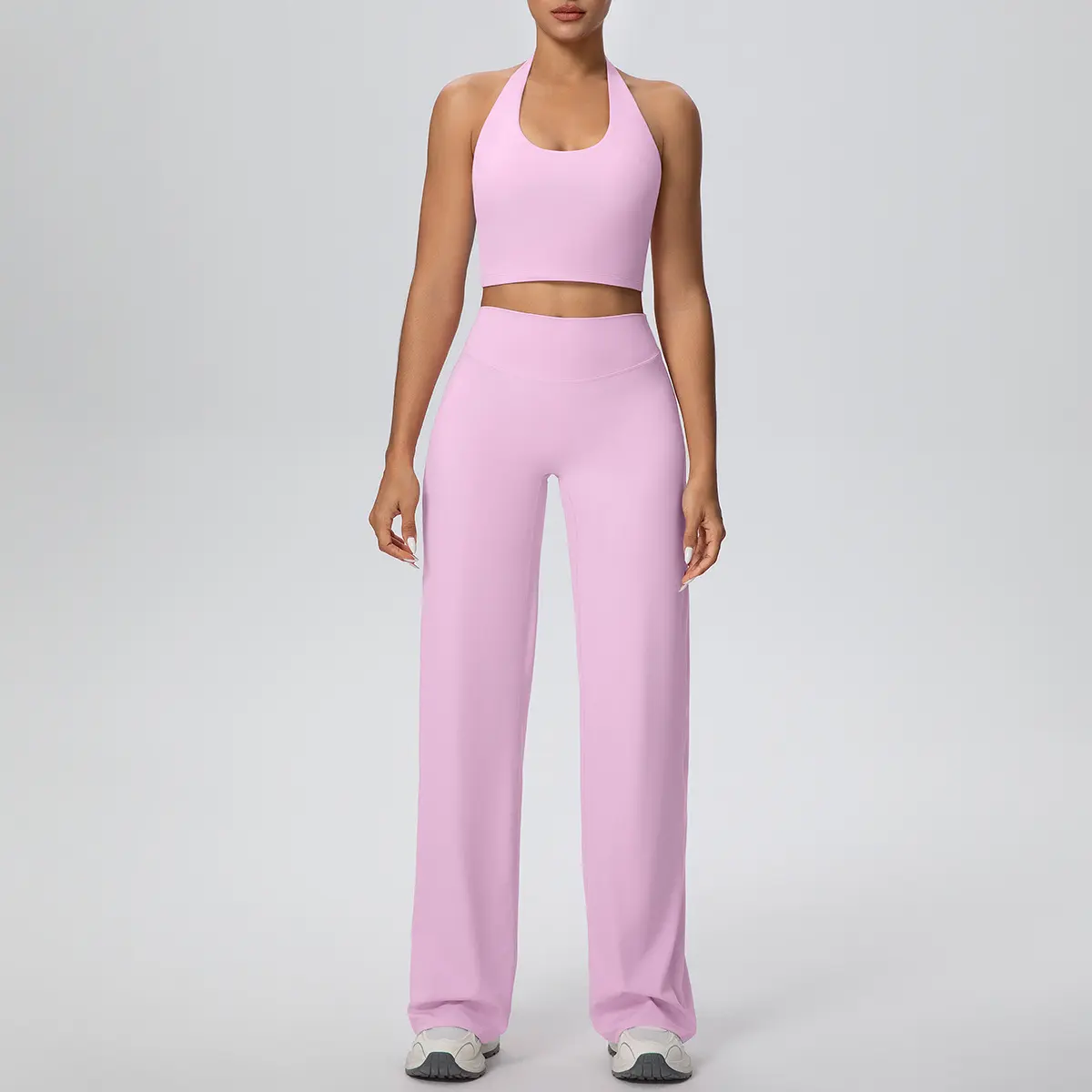Women’s Halter U-Neck Built-In Bust Support 2 Piece Workout Set, Buttery Soft Quick Dry High Rise Wide Leg Matching Yoga Outfit for Pilates Running Gym Daily Athleisure