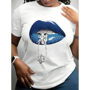 180g[100%cotton]1pc Women's Black T-Shirt with Blue Lips& Diamond-Studded Chain Print- Casual Crew Neck, Short Sleeve, Micro Stretch Fabric, Perfect for Summer Wear, Blouse 1"sport""Athleisure"