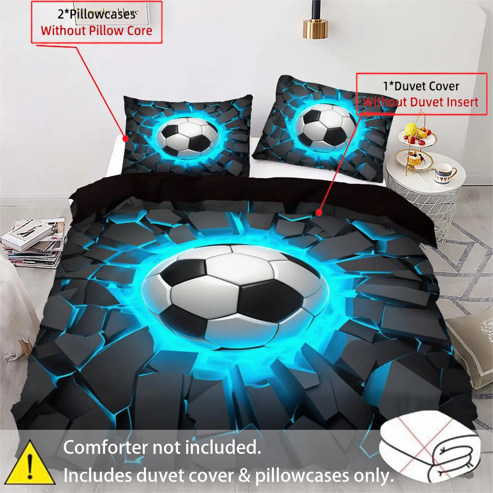 3-Piece Blue Football Print Bedding Set (1 Fitted Sheet + 2 Pillowcases), Polyester Cotton Fabric, Soft, Bedroom Dorm Room Decor, Decorative Bedding Set, Bed Sets
