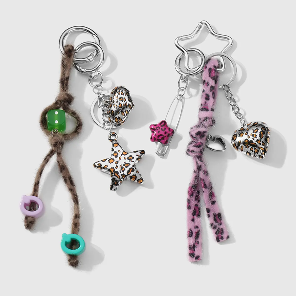 Y2K Leopard Print Heart Star Keychain, Fuzzy Leopard Ribbon Bag Charm, Dice Pendant Key Ring for Backpack Decor